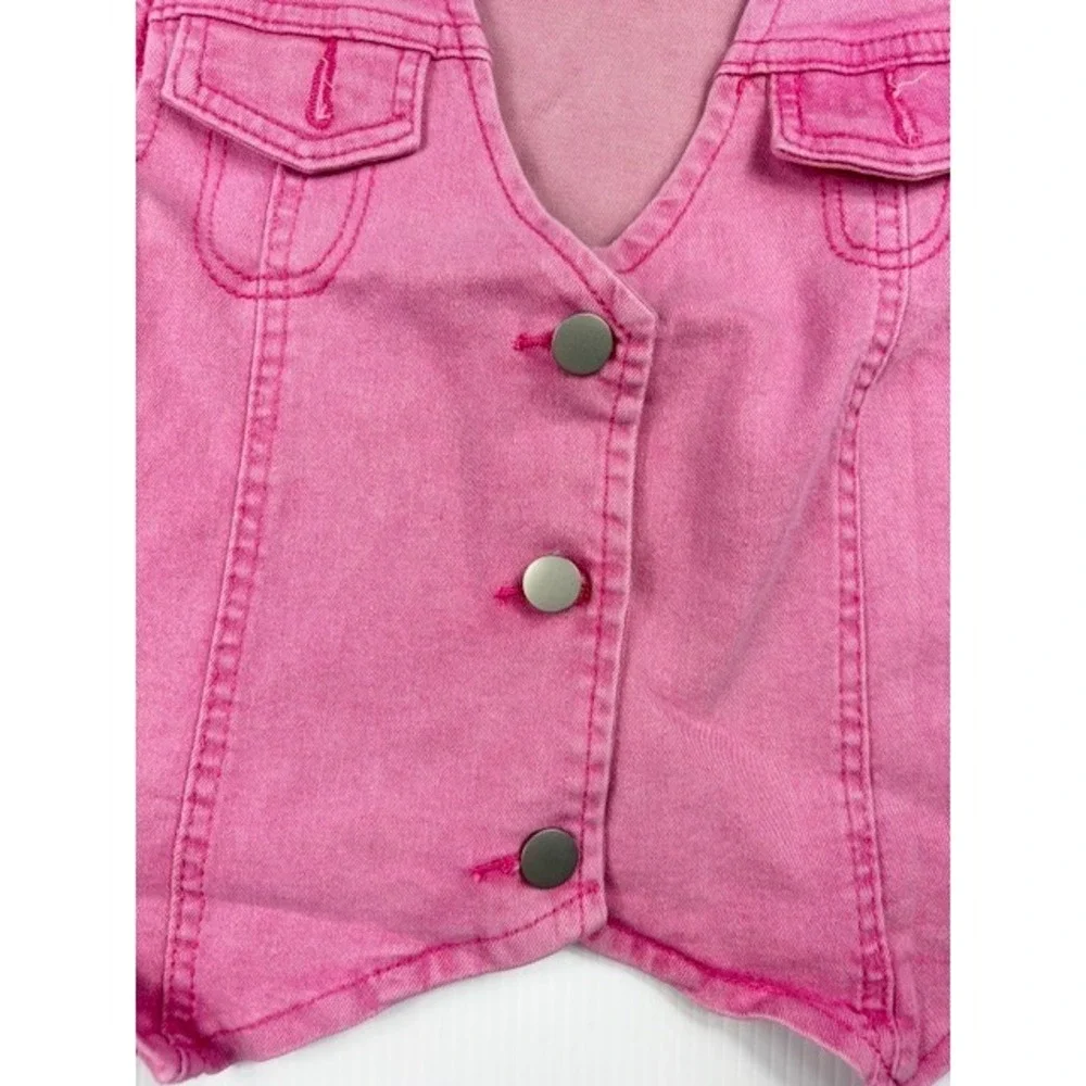 Y2K Pink Denim Two‎ Piece Set Crop Vest Raw Hem Star Cutout Shorts Size Small